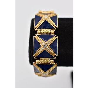 Hutton Wilkinson Vintage Bracelet Blue Enamel Bracelet Gold Crystal Signed BinO